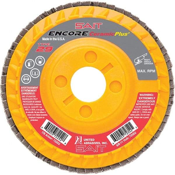 Sait - 36 Grit, 4-1/2" Disc Diam, 7/8" Center Hole, Type 29 Ceramic Flap Disc - 13,300 Max RPM, Plastic Backing, Arbor Attaching System, Coated - Americas Industrial Supply