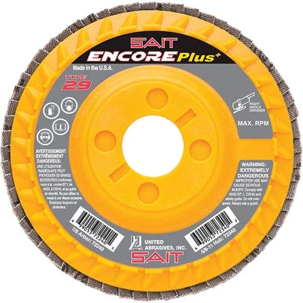 Sait - 60 Grit, 4-1/2" Disc Diam, 7/8" Center Hole, Type 29 Zirconia Alumina Flap Disc - 13,300 Max RPM, Plastic Backing, Arbor Attaching System, Coated - Americas Industrial Supply