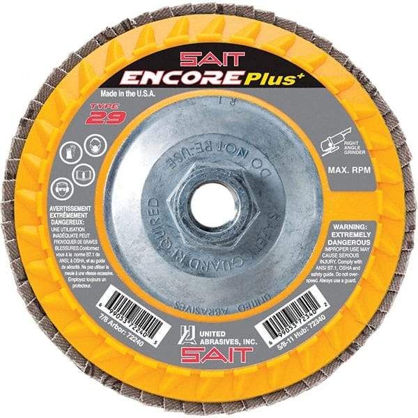 Sait - 60 Grit, 4-1/2" Disc Diam, 5/8-11 Center Hole, Type 29 Zirconia Alumina Flap Disc - 13,300 Max RPM, Plastic Backing, Arbor Attaching System, Coated - Americas Industrial Supply