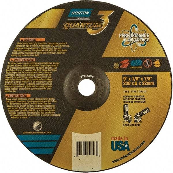 Norton - 24 Grit, 9" Wheel Diam, 1/8" Wheel Thickness, 7/8" Arbor Hole, Type 27 Depressed Center Wheel - Coarse Grade, Ceramic, Resinoid Bond, 6,600 Max RPM - Americas Industrial Supply