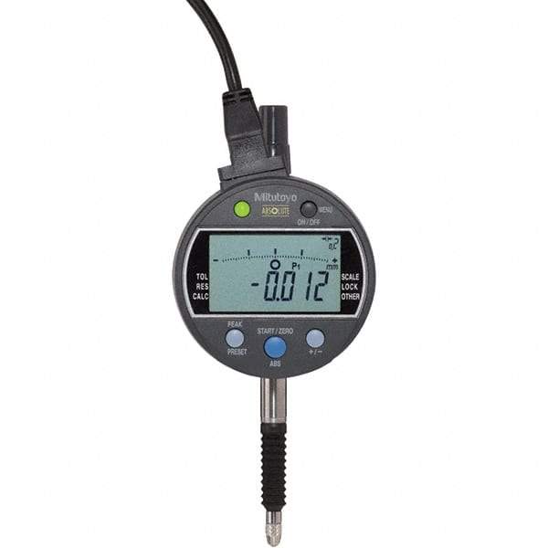 Mitutoyo - 0 to 1/2" Range, 0.00005, 0.0001 & 0.0005" Graduation, Electronic Drop Inidicator - Flat Back, 0.0001" Accuracy, LCD Display, Inch & Metric - Americas Industrial Supply