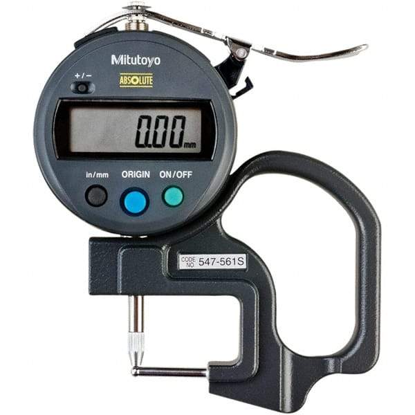 Mitutoyo - 0mm to 12mm Measurement, 0.01mm Resolution Electronic Thickness Gage - Accurate up to 0.001", 1.5 N Measuring Force - Americas Industrial Supply
