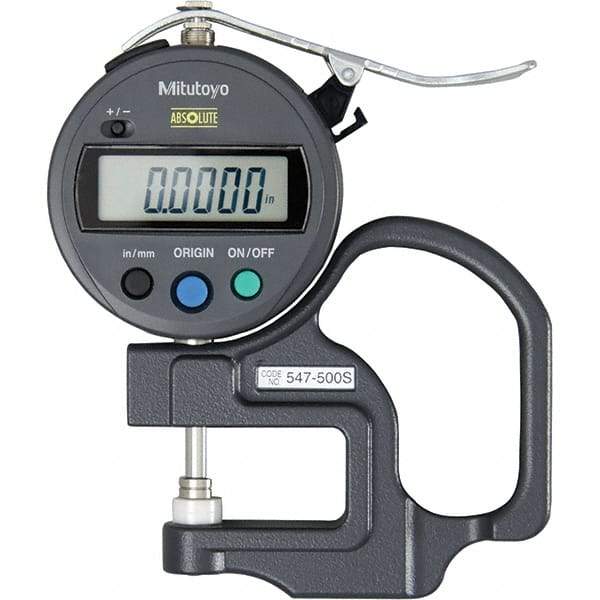 Mitutoyo - 0mm to 12mm Measurement, 0.01mm Resolution Electronic Thickness Gage - Accurate up to 0.001", 1.5 N Measuring Force - Americas Industrial Supply