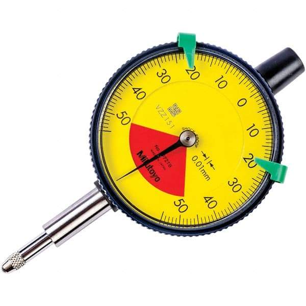 Mitutoyo - 1mm Range, 50-0-50 Dial Reading, 0.01mm Graduation Dial Drop Indicator - 57mm Dial, 1.4mm Range per Revolution, 0.04mm Accuracy - Americas Industrial Supply