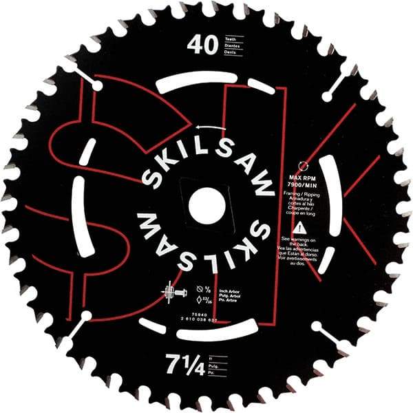 Skilsaw - 7-1/4" Diam, 5/8" Arbor Hole Diam, 40 Tooth Wet & Dry Cut Saw Blade - Carbide-Tipped, Cutoff Action, Diamond Arbor - Americas Industrial Supply