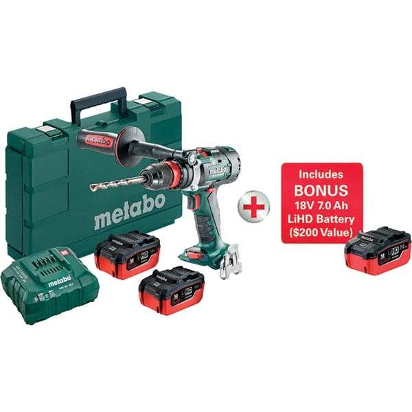 Metabo - 18 Volt 1/2" Chuck Pistol Grip Handle Cordless Drill - 0-500 & 0-2050 & 3800 RPM, Keyless Chuck, Reversible, 3 Lithium-Ion Batteries Included - Americas Industrial Supply