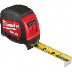 Milwaukee Tool - 25' x 1" Yellow Steel Blade Tape Measure - 1/16" & 1/10' Graduation, Inch Graduation Style, Red/Black Plastic Case - Americas Industrial Supply