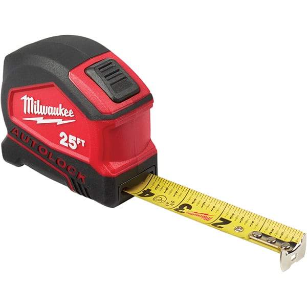 Milwaukee Tool - 25' x 1" Yellow Steel Blade Tape Measure - 1/16" & 1/10' Graduation, Inch Graduation Style, Red/Black Plastic Case - Americas Industrial Supply