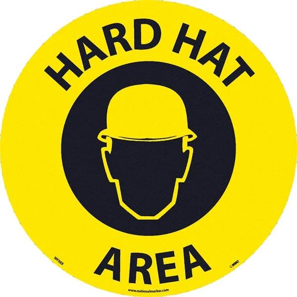 NMC - Hard Hat Area, Anti-Skid Pressure-Sensitive Vinyl Floor Sign - Round, Black on Yellow, Adhesive Backed, For Restroom, Janitorial & Housekeeping - Americas Industrial Supply