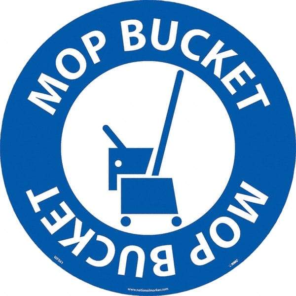 NMC - Mop Bucket, Anti-Skid Pressure-Sensitive Vinyl Floor Sign - Round, White on Blue, Adhesive Backed, For Restroom, Janitorial & Housekeeping - Americas Industrial Supply