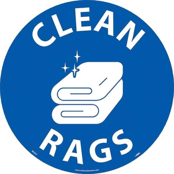 NMC - Clean Rags, Anti-Skid Pressure-Sensitive Vinyl Floor Sign - Round, White on Blue, Adhesive Backed, For Restroom, Janitorial & Housekeeping - Americas Industrial Supply