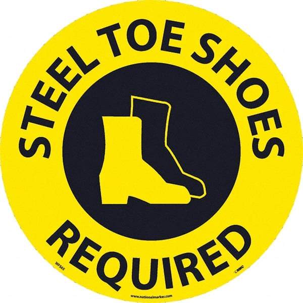 NMC - Steel Toe Shoes Required, Anti-Skid Pressure-Sensitive Vinyl Floor Sign - Round, Black on Yellow, Adhesive Backed, For Restroom, Janitorial & Housekeeping - Americas Industrial Supply