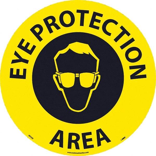 NMC - Eye Protection Area, Anti-Skid Pressure-Sensitive Vinyl Floor Sign - Round, Black on Yellow, Adhesive Backed, For Restroom, Janitorial & Housekeeping - Americas Industrial Supply