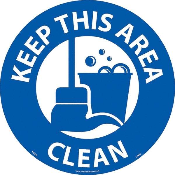 NMC - Keep This Area Clean, Anti-Skid Pressure-Sensitive Vinyl Floor Sign - Round, White on Blue, Adhesive Backed, For Restroom, Janitorial & Housekeeping - Americas Industrial Supply