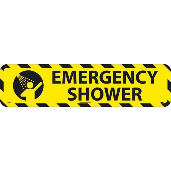 NMC - Emergency Shower, Anti-Skid Pressure-Sensitive Vinyl Floor Sign - Rectangle, Black on Yellow, Adhesive Backed, For Restroom, Janitorial & Housekeeping - Americas Industrial Supply