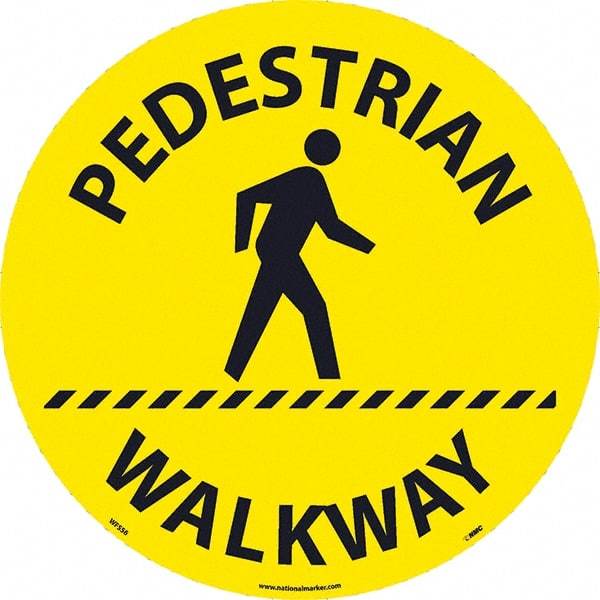 NMC - Pedestrian Walkway, Anti-Skid Pressure-Sensitive Vinyl Floor Sign - Round, Black on Yellow, Adhesive Backed, For Restroom, Janitorial & Housekeeping - Americas Industrial Supply