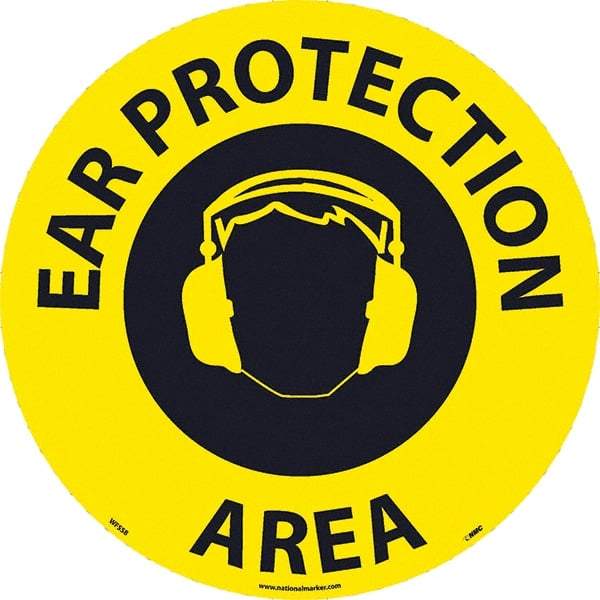 NMC - Ear Protection Area, Anti-Skid Pressure-Sensitive Vinyl Floor Sign - Round, Black on Yellow, Adhesive Backed, For Restroom, Janitorial & Housekeeping - Americas Industrial Supply