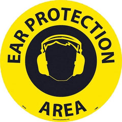 NMC - Ear Protection Area, Anti-Skid Pressure-Sensitive Vinyl Floor Sign - Round, Black on Yellow, Adhesive Backed, For Restroom, Janitorial & Housekeeping - Americas Industrial Supply