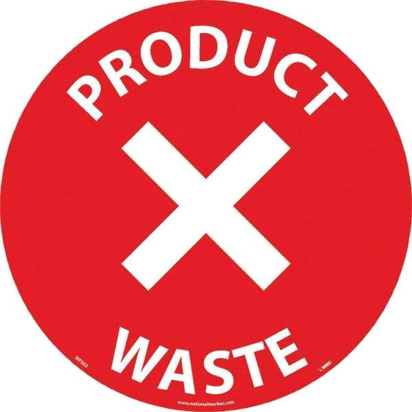 NMC - Product Waste, Anti-Skid Pressure-Sensitive Vinyl Floor Sign - Round, White on Red, Adhesive Backed, For Restroom, Janitorial & Housekeeping - Americas Industrial Supply