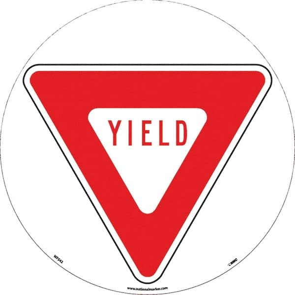 NMC - Yield, Anti-Skid Pressure-Sensitive Vinyl Floor Sign - Round, Red on White, Adhesive Backed, For Restroom, Janitorial & Housekeeping - Americas Industrial Supply