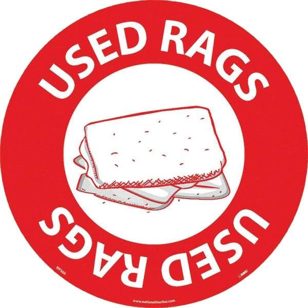 NMC - Used Rags, Anti-Skid Pressure-Sensitive Vinyl Floor Sign - Round, White on Red, Adhesive Backed, For Restroom, Janitorial & Housekeeping - Americas Industrial Supply