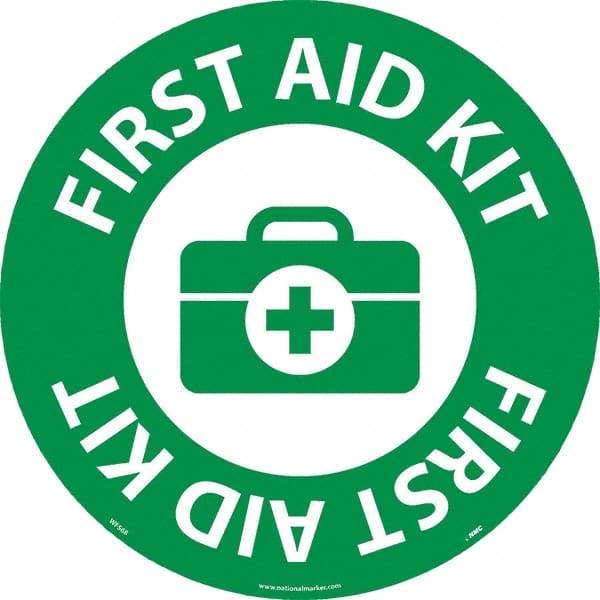 NMC - First Aid Kit, Anti-Skid Pressure-Sensitive Vinyl Floor Sign - Round, White on Green, Adhesive Backed, For Restroom, Janitorial & Housekeeping - Americas Industrial Supply