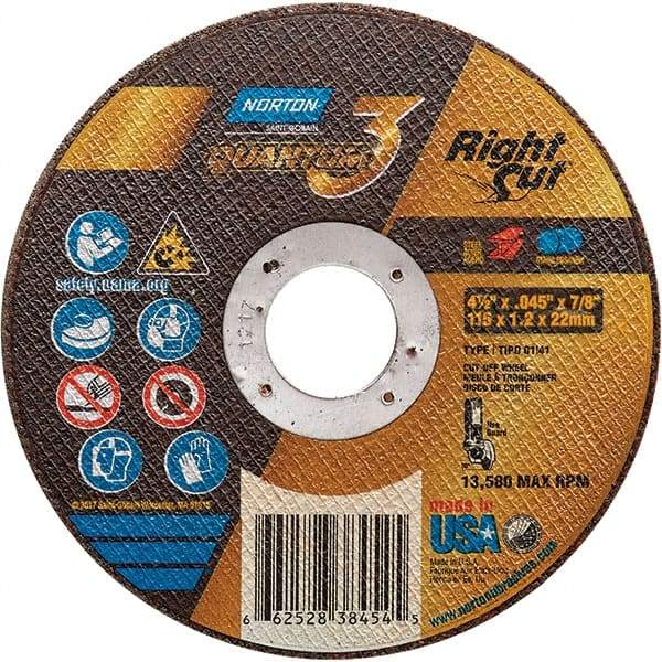 Norton - 4-1/2" 36 Grit Ceramic Alumina Cutoff Wheel - 0.045" Thick, 7/8" Arbor, 13,580 Max RPM, Use with Angle Grinders - Americas Industrial Supply