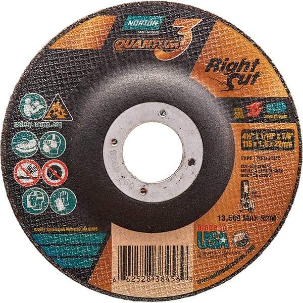 Norton - 36 Grit, 4-1/2" Wheel Diam, 1/16" Wheel Thickness, 7/8" Arbor Hole, Type 27 Depressed Center Wheel - Coarse Grade, Ceramic Alumina, Resinoid Bond, 13,580 Max RPM - Americas Industrial Supply