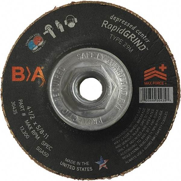 BULLARD - 50 Grit, 5" Wheel Diam, 1/8" Wheel Thickness, Type 29 Depressed Center Wheel - Coarse Grade, Ceramic, 12,200 Max RPM, Compatible with Angle Grinder - Americas Industrial Supply