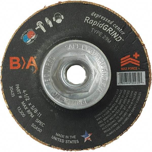 BULLARD - 50 Grit, 4-1/2" Wheel Diam, 1/8" Wheel Thickness, Type 29 Depressed Center Wheel - Coarse Grade, Ceramic, 13,300 Max RPM, Compatible with Angle Grinder - Americas Industrial Supply