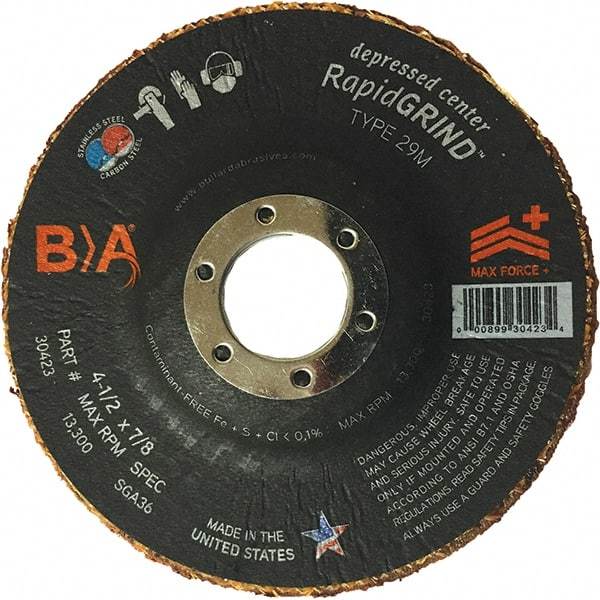 BULLARD - 36 Grit, 4-1/2" Wheel Diam, 1/8" Wheel Thickness, 7/8" Arbor Hole, Type 29 Depressed Center Wheel - Coarse/Extra Coarse Grade, Ceramic, 13,300 Max RPM, Compatible with Angle Grinder - Americas Industrial Supply