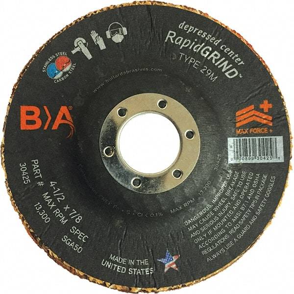 BULLARD - 50 Grit, 4-1/2" Wheel Diam, 1/8" Wheel Thickness, 7/8" Arbor Hole, Type 29 Depressed Center Wheel - Coarse Grade, Ceramic, 13,300 Max RPM, Compatible with Angle Grinder - Americas Industrial Supply
