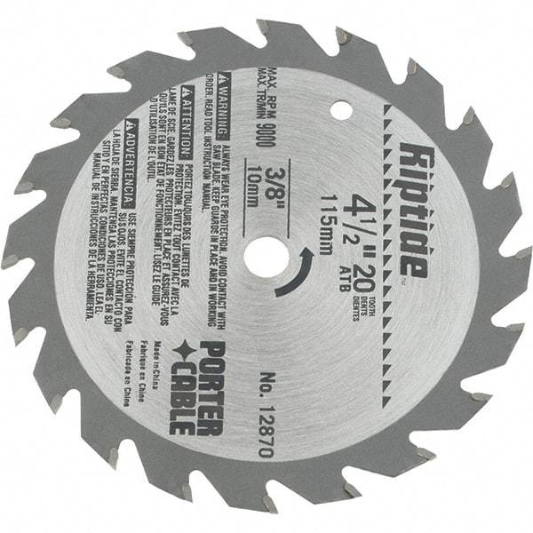Porter-Cable - 4-1/2" Diam, 3/8" Arbor Hole Diam, 20 Tooth Wet & Dry Cut Saw Blade - Carbide-Tipped, Ripping Action, Standard Round Arbor - Americas Industrial Supply