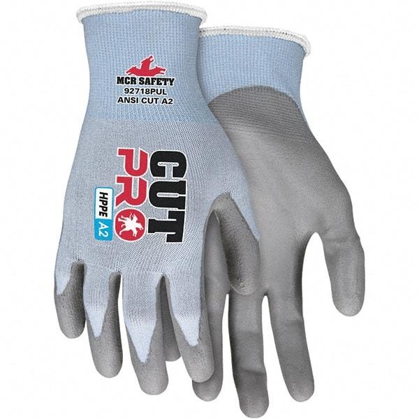 MCR Safety - Size S, ANSI Cut Lvl A2, Polyurethane Coated HPPE Fiber/Stainless Steel Cut Resistant Gloves - Palm & Fingers Coated, HPPE/Stainless Steel Blend Lining, Knit Wrist, Blue, Paired - Americas Industrial Supply