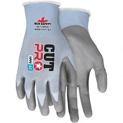 MCR Safety - Size S, ANSI Cut Lvl A2, Polyurethane Coated HPPE Fiber/Stainless Steel Cut Resistant Gloves - Palm & Fingers Coated, HPPE/Stainless Steel Blend Lining, Knit Wrist, Blue, Paired - Americas Industrial Supply