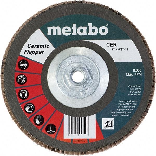 Metabo - 80 Grit, 7" Disc Diam, 5/8-11 Center Hole, Type 29 Ceramic Flap Disc - 8,600 Max RPM, Fiberglass Backing, Arbor Attaching System, Coated - Americas Industrial Supply