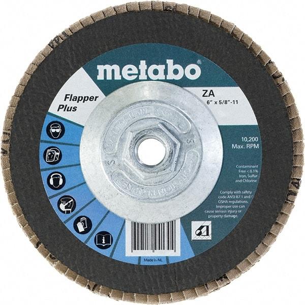 Metabo - 80 Grit, 6" Disc Diam, 5/8-11 Center Hole, Type 29 Zirconia Alumina Flap Disc - 10,200 Max RPM, Fiberglass Backing, Arbor Attaching System, Coated - Americas Industrial Supply