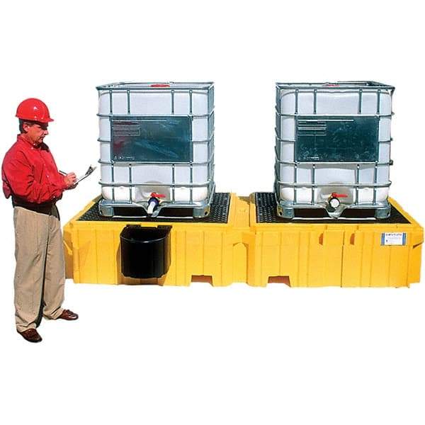UltraTech - 535 Gal Sump Capacity, Polyethylene TWIN IBC Spill Pallet, Left Side Bucket - 61.6" Long x 22" Wide x 124-1/2" High, 8,000 Lb Capacity, 2 Totes, Includes 1 Left Side Bucket Shelf - Americas Industrial Supply
