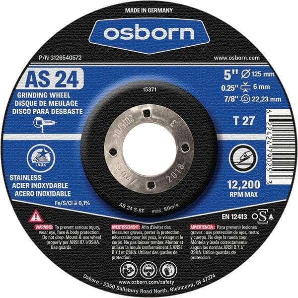 Osborn - 24 Grit, 5" Wheel Diam, 1/4" Wheel Thickness, 7/8" Arbor Hole, Type 27 Depressed Center Wheel - Coarse Grade, Aluminum Oxide, 12,225 Max RPM - Americas Industrial Supply