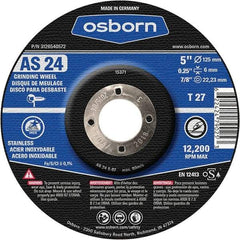 Osborn - 24 Grit, 5" Wheel Diam, 1/4" Wheel Thickness, 7/8" Arbor Hole, Type 27 Depressed Center Wheel - Coarse Grade, Aluminum Oxide, 12,225 Max RPM - Americas Industrial Supply