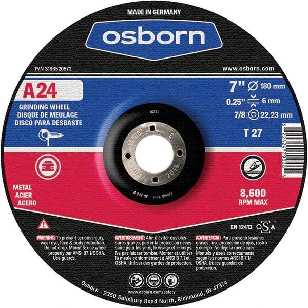 Osborn - 24 Grit, 7" Wheel Diam, 1/4" Wheel Thickness, 7/8" Arbor Hole, Type 27 Depressed Center Wheel - Coarse Grade, Aluminum Oxide, 8,600 Max RPM - Americas Industrial Supply