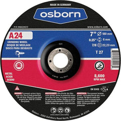 Osborn - 24 Grit, 7" Wheel Diam, 1/4" Wheel Thickness, 7/8" Arbor Hole, Type 27 Depressed Center Wheel - Coarse Grade, Aluminum Oxide, 8,600 Max RPM - Americas Industrial Supply