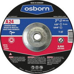 Osborn - 24 Grit, 7" Wheel Diam, 1/4" Wheel Thickness, Type 27 Depressed Center Wheel - Coarse Grade, Aluminum Oxide, 8,600 Max RPM - Americas Industrial Supply