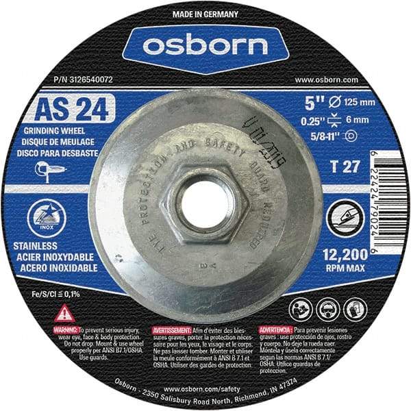 Osborn - 24 Grit, 5" Wheel Diam, 1/4" Wheel Thickness, Type 27 Depressed Center Wheel - Coarse Grade, Aluminum Oxide, 12,225 Max RPM - Americas Industrial Supply