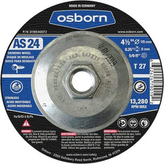 Osborn - 24 Grit, 4-1/2" Wheel Diam, 1/4" Wheel Thickness, Type 27 Depressed Center Wheel - Coarse Grade, Aluminum Oxide, 13,280 Max RPM - Americas Industrial Supply