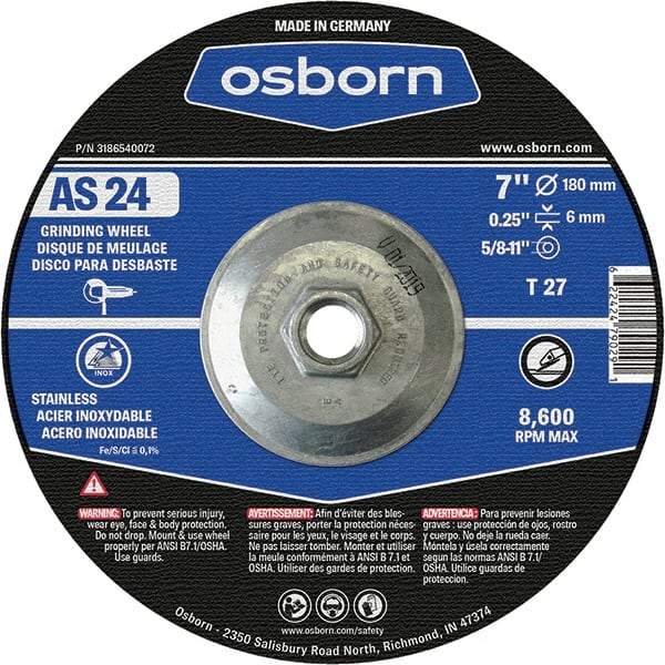 Osborn - 24 Grit, 7" Wheel Diam, 1/4" Wheel Thickness, Type 27 Depressed Center Wheel - Coarse Grade, Aluminum Oxide, 8,600 Max RPM - Americas Industrial Supply