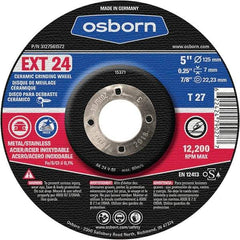 Osborn - 24 Grit, 5" Wheel Diam, 1/4" Wheel Thickness, 7/8" Arbor Hole, Type 27 Depressed Center Wheel - Coarse Grade, Ceramic, 12,225 Max RPM - Americas Industrial Supply