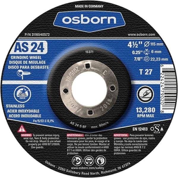Osborn - 24 Grit, 4-1/2" Wheel Diam, 1/4" Wheel Thickness, 7/8" Arbor Hole, Type 27 Depressed Center Wheel - Coarse Grade, Aluminum Oxide, 13,280 Max RPM - Americas Industrial Supply