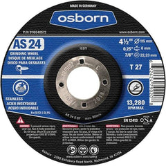 Osborn - 24 Grit, 4-1/2" Wheel Diam, 1/4" Wheel Thickness, 7/8" Arbor Hole, Type 27 Depressed Center Wheel - Coarse Grade, Aluminum Oxide, 13,280 Max RPM - Americas Industrial Supply