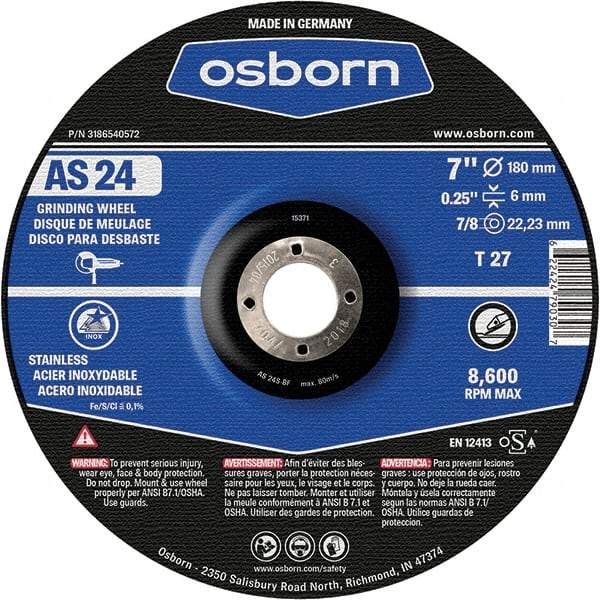 Osborn - 24 Grit, 7" Wheel Diam, 1/4" Wheel Thickness, 7/8" Arbor Hole, Type 27 Depressed Center Wheel - Coarse Grade, Aluminum Oxide, 8,600 Max RPM - Americas Industrial Supply